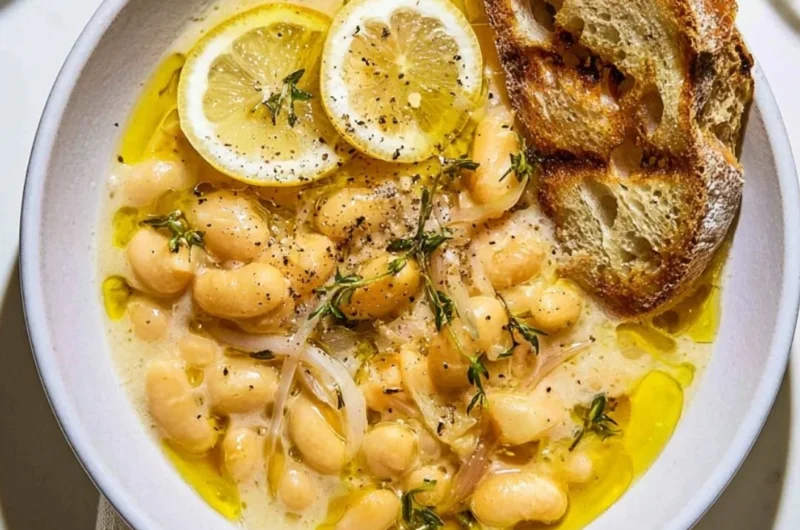 Bowl of brothy white beans with Parmesan cheese and a lemon slice on top.