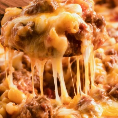 Cheeseburger casserole with beef, cheese, and pasta in a baking dish