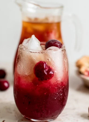 Cherry pie inspired iced tea served in a glass with fresh cherries and mint leaves.