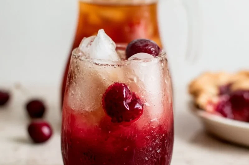 Cherry pie inspired iced tea served in a glass with fresh cherries and mint leaves.