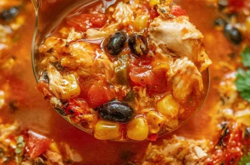 Bowl of Chicken Tortilla Soup with chicken, tortilla strips, and fresh toppings.