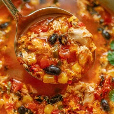 Bowl of Chicken Tortilla Soup topped with tortilla strips and fresh cilantro