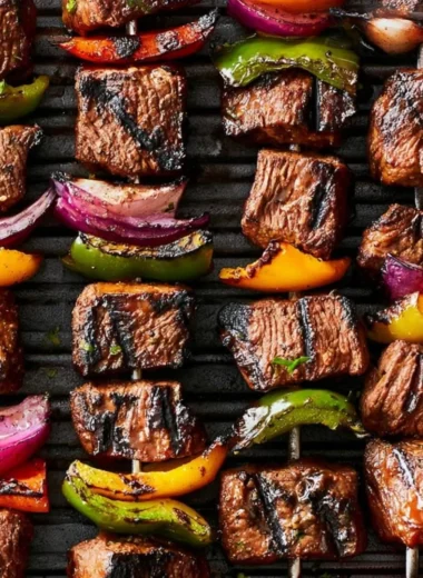 Cozy beef shish kabob on a grill with colorful vegetables