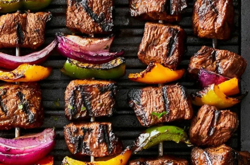Cozy beef shish kabob on a grill with colorful vegetables