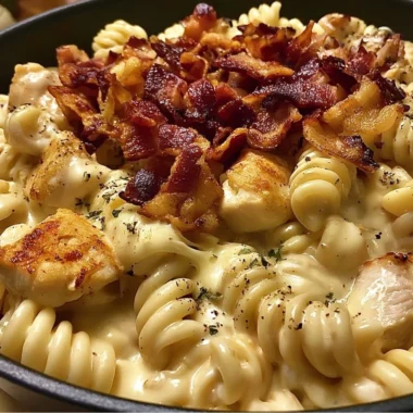 Cozy Chicken Bacon Ranch Pasta dish served in a bowl with crispy bacon and herbs