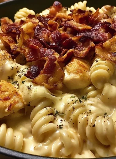 Cozy Chicken Bacon Ranch Pasta dish served in a bowl with crispy bacon and herbs