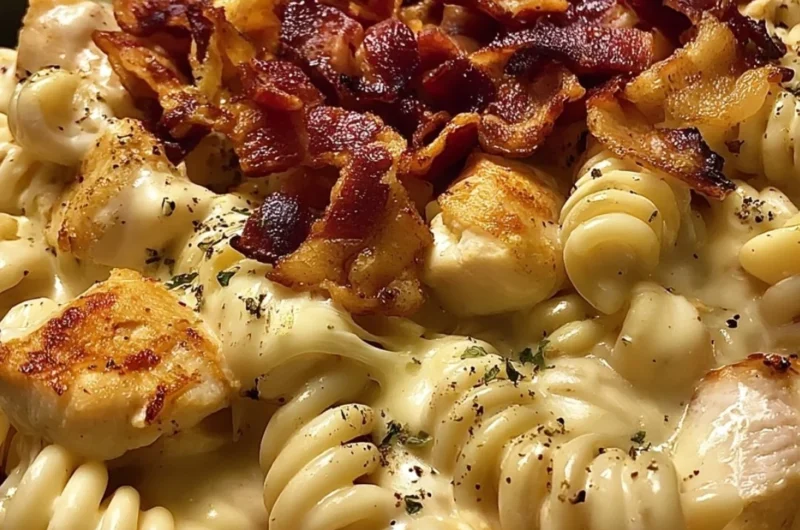 Cozy Chicken Bacon Ranch Pasta dish served in a bowl with crispy bacon and herbs