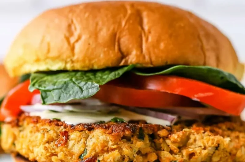 Delicious Cozy Chickpea Cauliflower Burger served on a plate with fresh greens