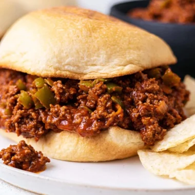 Delicious homemade Sloppy Joe served on a bun with fresh toppings
