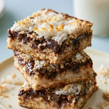 Cozy magic cookie bars with chocolate and coconut on a plate