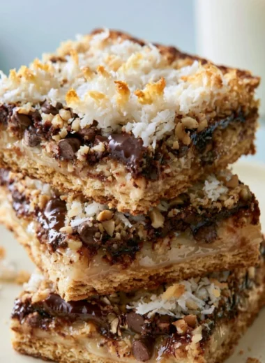 Cozy magic cookie bars with chocolate and coconut on a plate