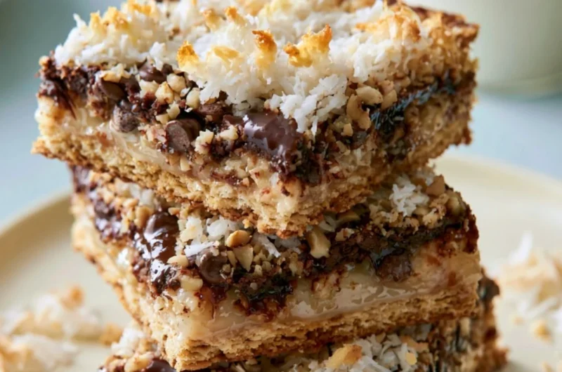 Cozy magic cookie bars with chocolate and coconut on a plate