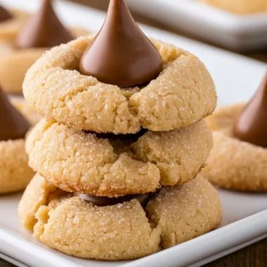 Cozy Peanut Butter Blossoms cookies with chocolate kisses on top