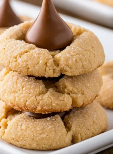 Cozy Peanut Butter Blossoms cookies with chocolate kisses on top