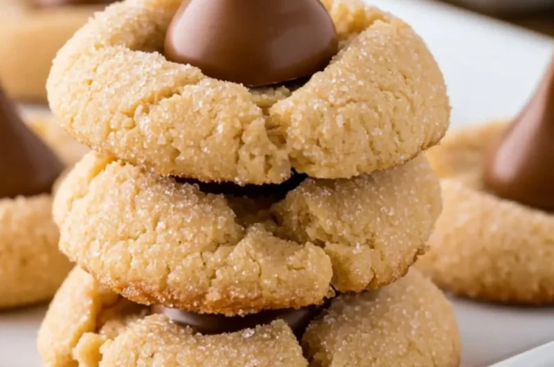 Cozy Peanut Butter Blossoms cookies with chocolate kisses on top