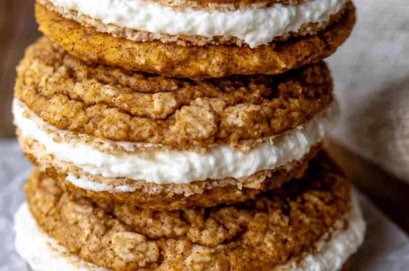 Cozy pumpkin oatmeal cream pies with creamy filling, perfect for fall desserts.