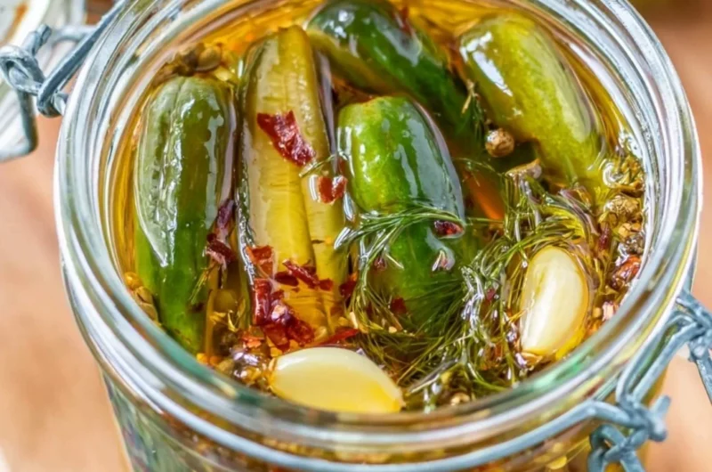 Jar of cozy smoked pickles with fresh herbs and spices