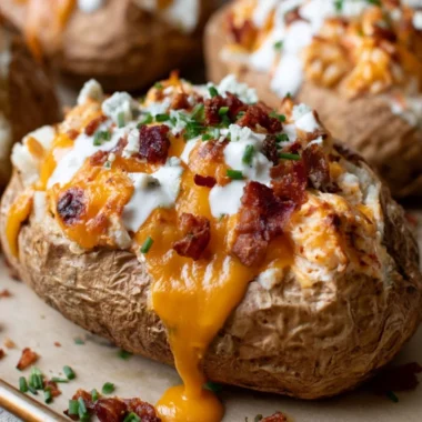 Delicious crack chicken stuffed baked potatoes topped with cheese and herbs