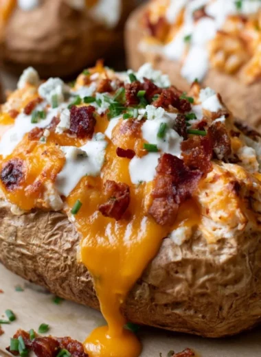 Delicious crack chicken stuffed baked potatoes topped with cheese and herbs