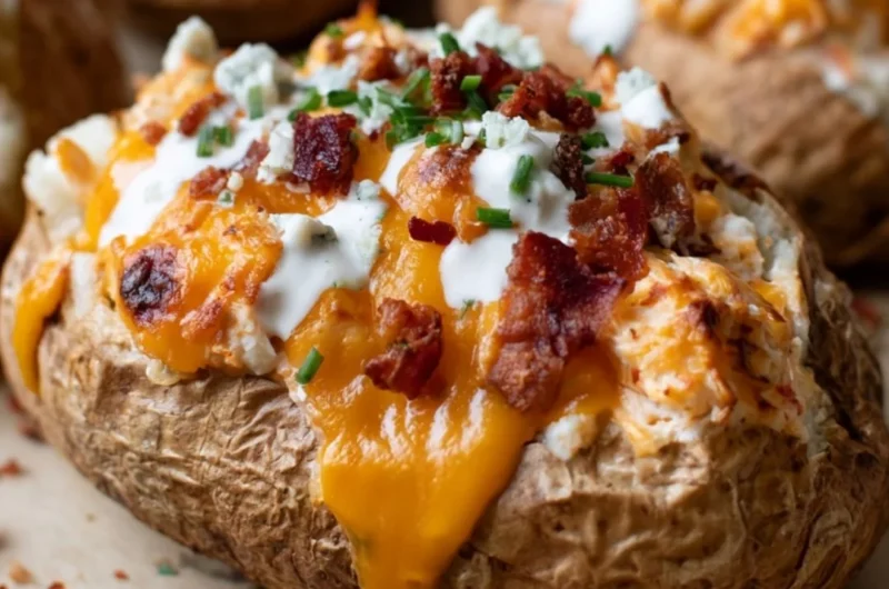 Delicious crack chicken stuffed baked potatoes topped with cheese and herbs