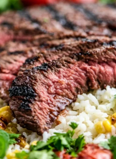 Creamy and delicious steak bowl topped with fresh vegetables and sauce