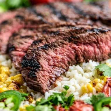 Creamy steak bowl garnished with fresh vegetables and herbs.