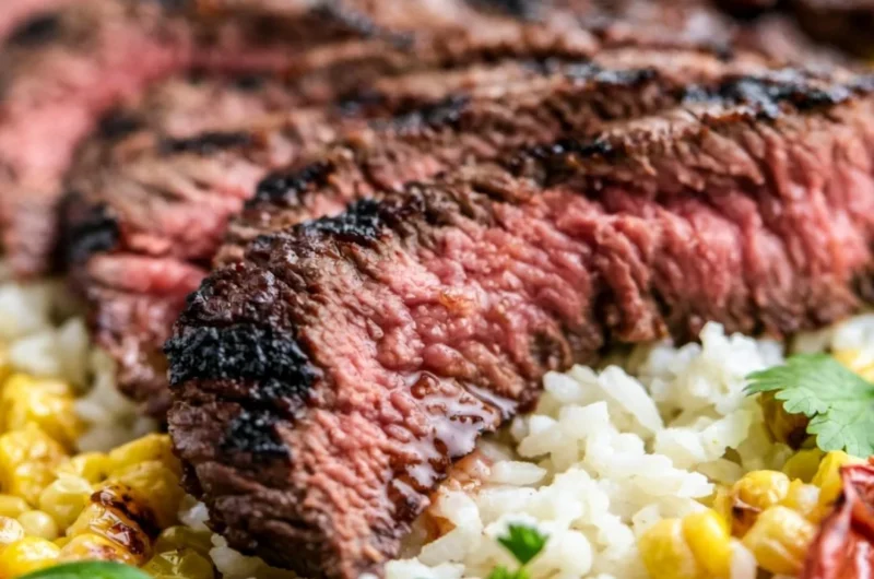 Creamy steak bowl garnished with fresh vegetables and herbs.
