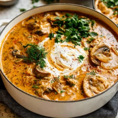 Creamy Hungarian Mushroom Soup garnished with fresh herbs and spices