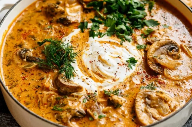 Creamy Hungarian Mushroom Soup garnished with fresh herbs and spices