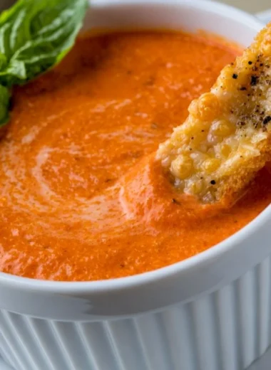 Creamy tomato soup served with Saltine crackers in a bowl.