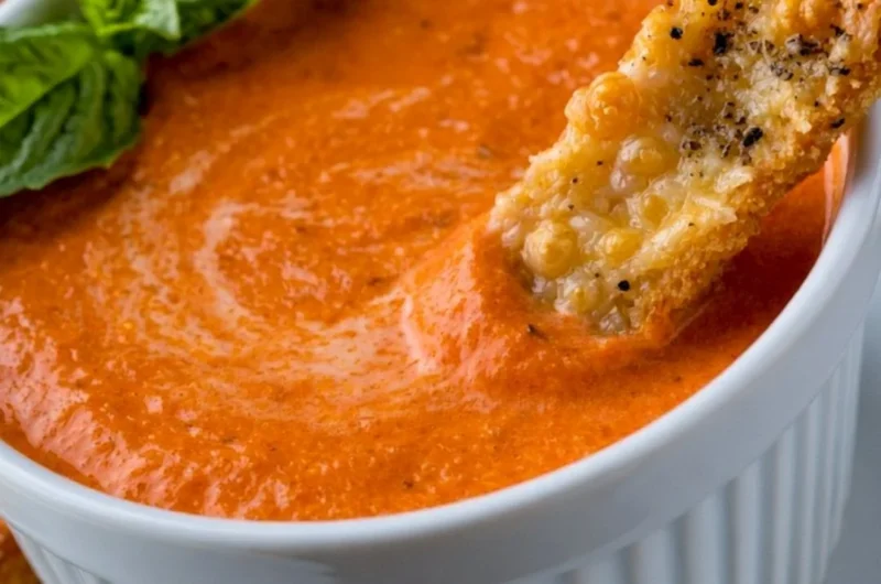 Creamy tomato soup served with Saltine crackers in a bowl.