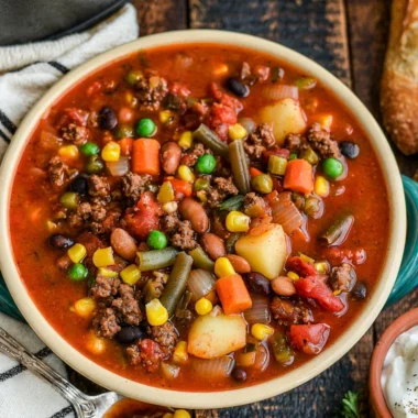 Delicious Crockpot Cowboy Soup served in a bowl with fresh ingredients.
