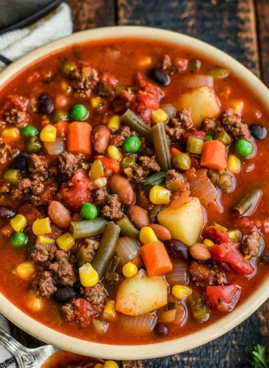 Delicious Crockpot Cowboy Soup served in a bowl with fresh ingredients.
