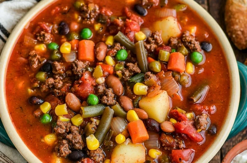 Delicious Crockpot Cowboy Soup served in a bowl with fresh ingredients.
