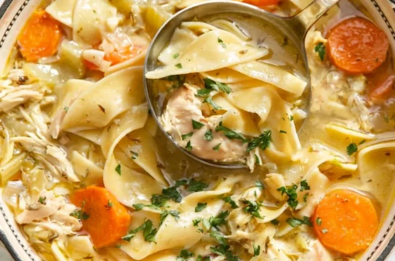Bowl of easy chicken noodle soup with vegetables and noodles.