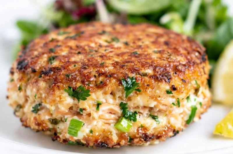 Delicious low carb salmon patties served with fresh herbs and lemon wedges