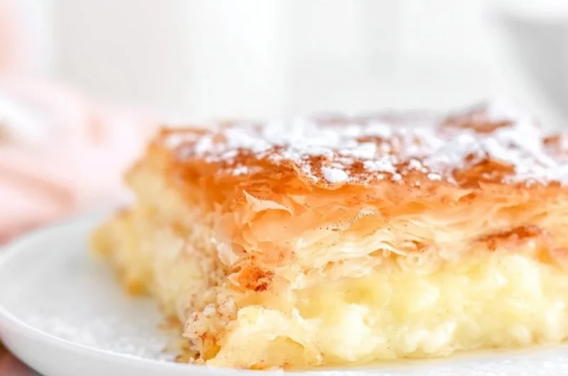 Traditional Greek Bougatsa pastry with sweet filling and flaky texture