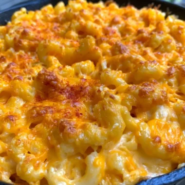 Serving of homemade Traeger smoked mac and cheese topped with breadcrumbs.