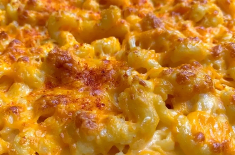 Serving of homemade Traeger smoked mac and cheese topped with breadcrumbs.