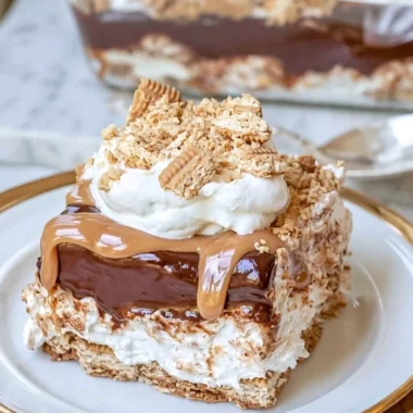 No Bake Peanut Butter Chocolate Lasagna dessert with layers of chocolate and peanut butter.