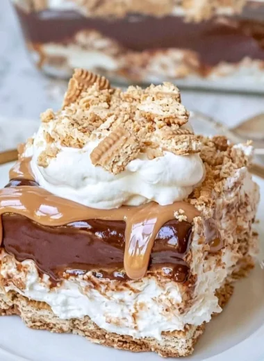 No Bake Peanut Butter Chocolate Lasagna dessert with layers of chocolate and peanut butter.