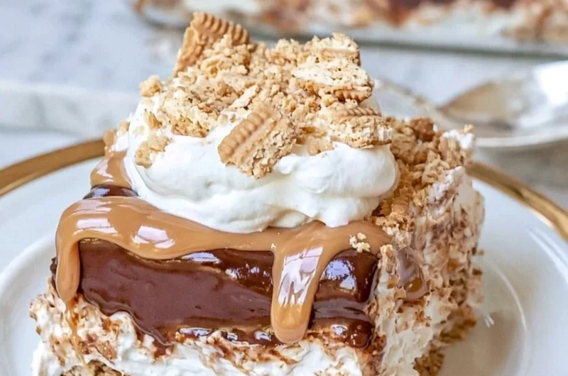 No Bake Peanut Butter Chocolate Lasagna dessert with layers of chocolate and peanut butter.