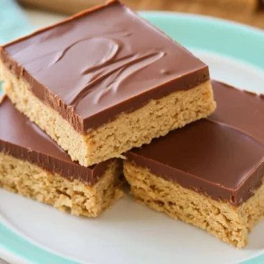 No Bake Reese's Peanut Butter Bars topped with chocolate and peanut butter.