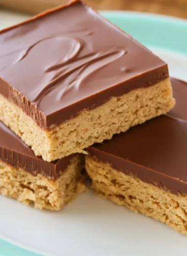 No Bake Reese's Peanut Butter Bars topped with chocolate and peanut butter.
