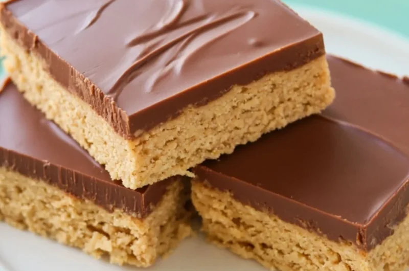 No Bake Reese's Peanut Butter Bars topped with chocolate and peanut butter.