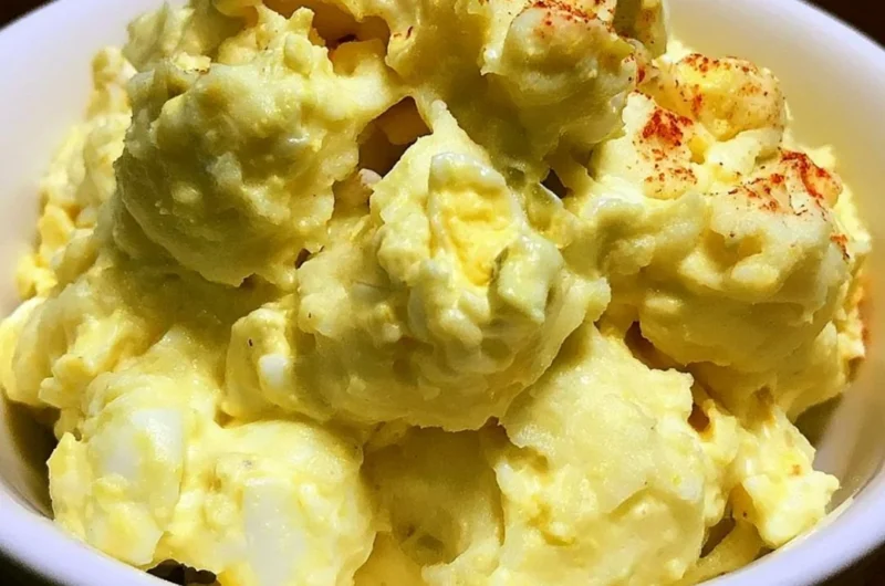 Bowl of old fashioned potato salad with fresh herbs and vegetables