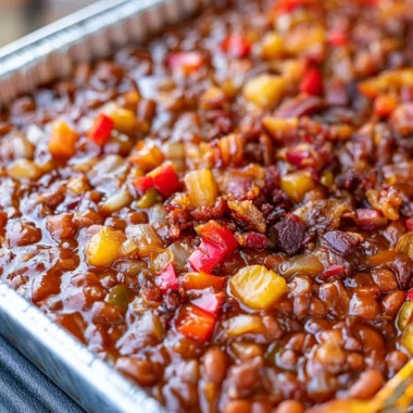 Bowl of delicious smoked BBQ beans garnished with herbs