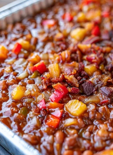 Bowl of delicious smoked BBQ beans garnished with herbs