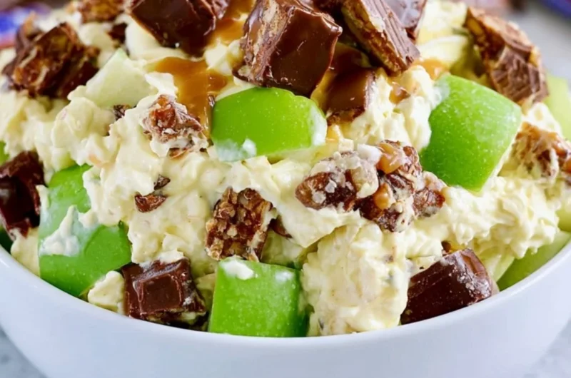 Delicious Snickers Apple Salad with chunks of Snickers and fresh apples