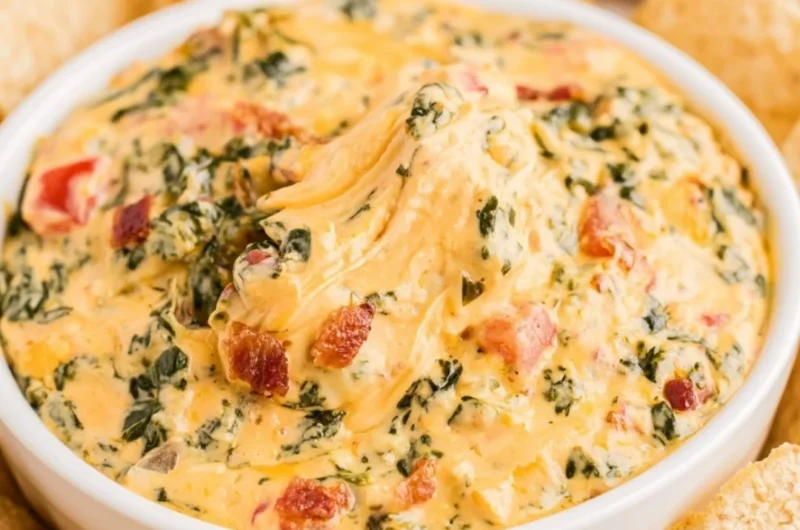 Delicious creamy spinach dip served with fresh bread and veggies